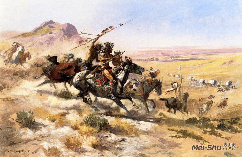 查尔斯·拉塞尔(Charles M. Russell)高清作品《对货车的攻击》