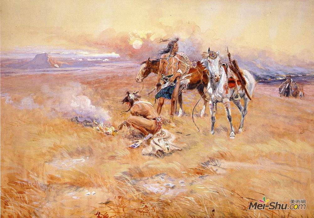 查尔斯·拉塞尔(Charles M. Russell)高清作品《黑脚燃烧乌鸦水牛山脉》