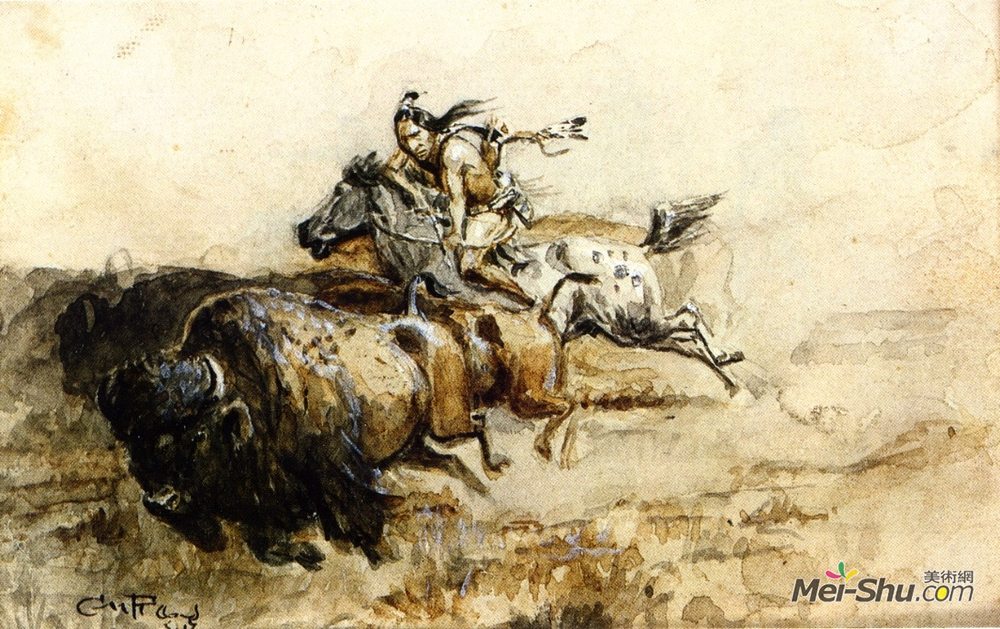 查尔斯·拉塞尔(Charles M. Russell)高清作品《水牛猎人》