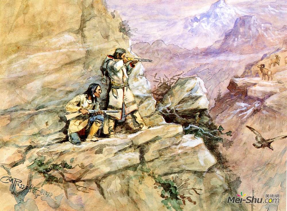 查尔斯·拉塞尔(Charles M. Russell)高清作品《狩猎大角羊》
