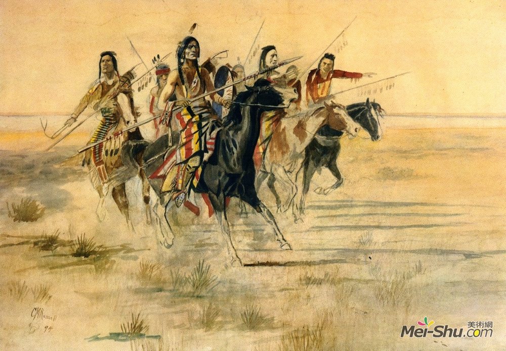查尔斯·拉塞尔(Charles M. Russell)高清作品《印第安人狩猎》