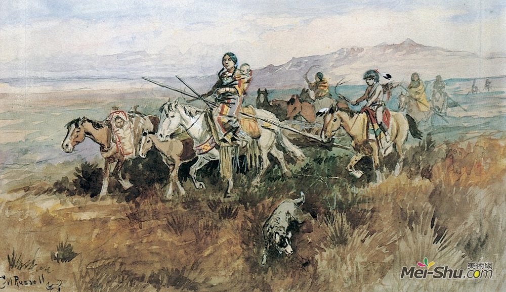 查尔斯·拉塞尔(Charles M. Russell)高清作品《印度妇女与特拉沃斯一起营》