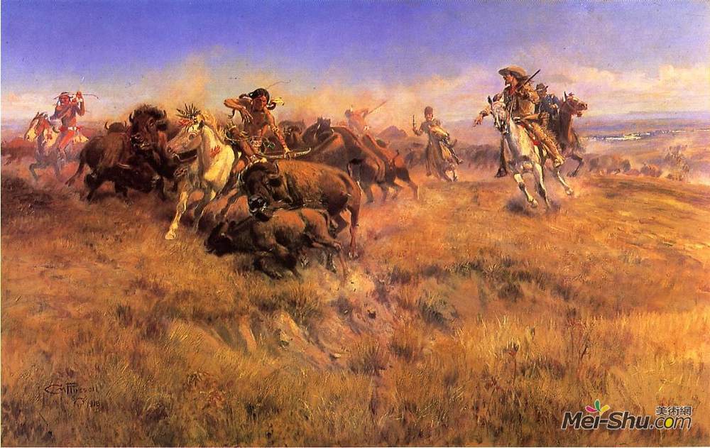 查尔斯·拉塞尔(Charles M. Russell)高清作品《奔流水牛》