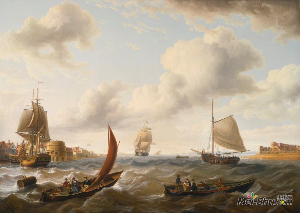 查尔斯·马丁·鲍威尔(Charles Martin Powell)高清作品《英国战舰和其他船只在海岸线上波涛汹涌》