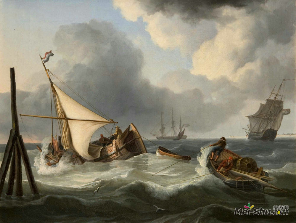 查尔斯·马丁·鲍威尔(Charles Martin Powell)高清作品《在波涛汹涌的湖面上帆船和渔船》