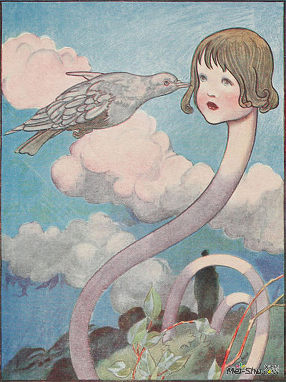 查尔斯·罗宾逊(Charles Robinson)高清作品《一只大鸽子飞进她的脸上。》