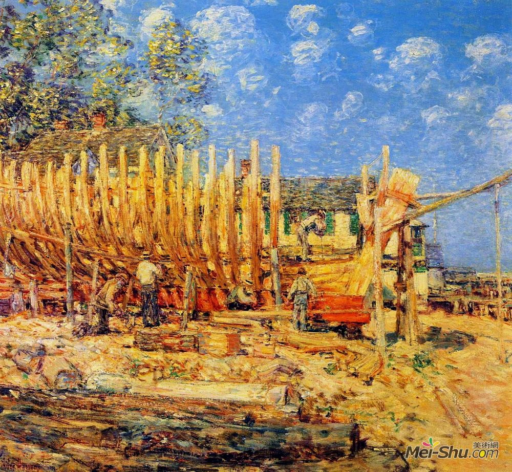 施尔德·哈森(Childe Hassam)高清作品《建造一艘帆船，普罗温斯敦》