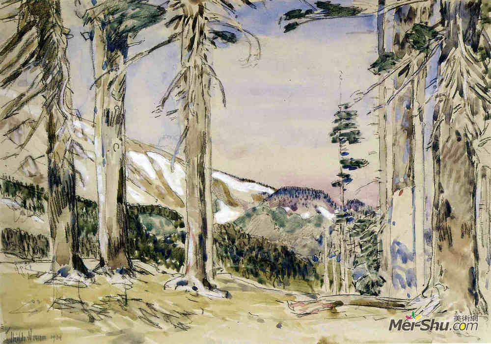 施尔德·哈森(Childe Hassam)高清作品《的树带界限，胡山。》