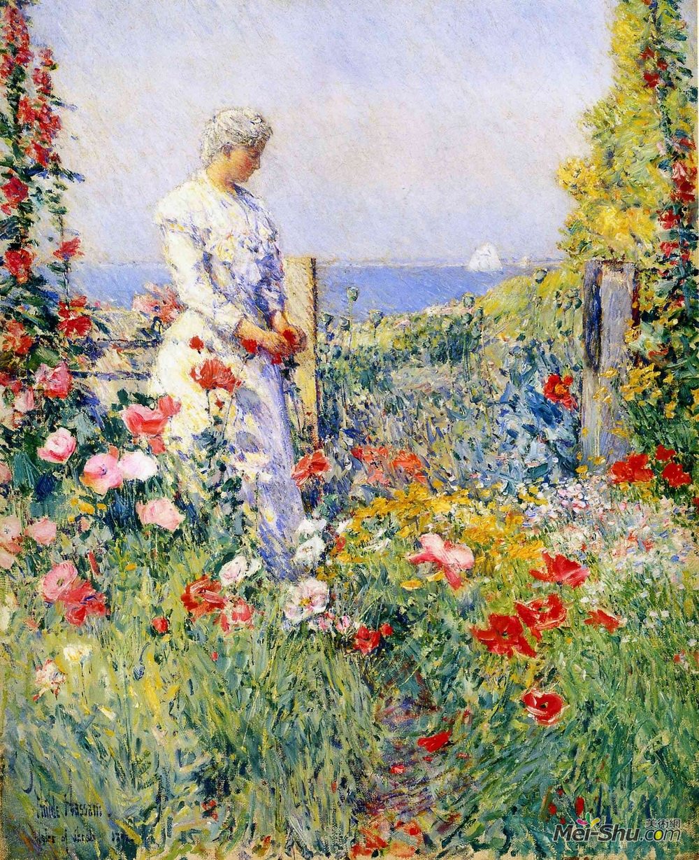 施尔德·哈森(Childe Hassam)高清作品《在花园里（又名西莉亚塔克斯特在她的花园里》