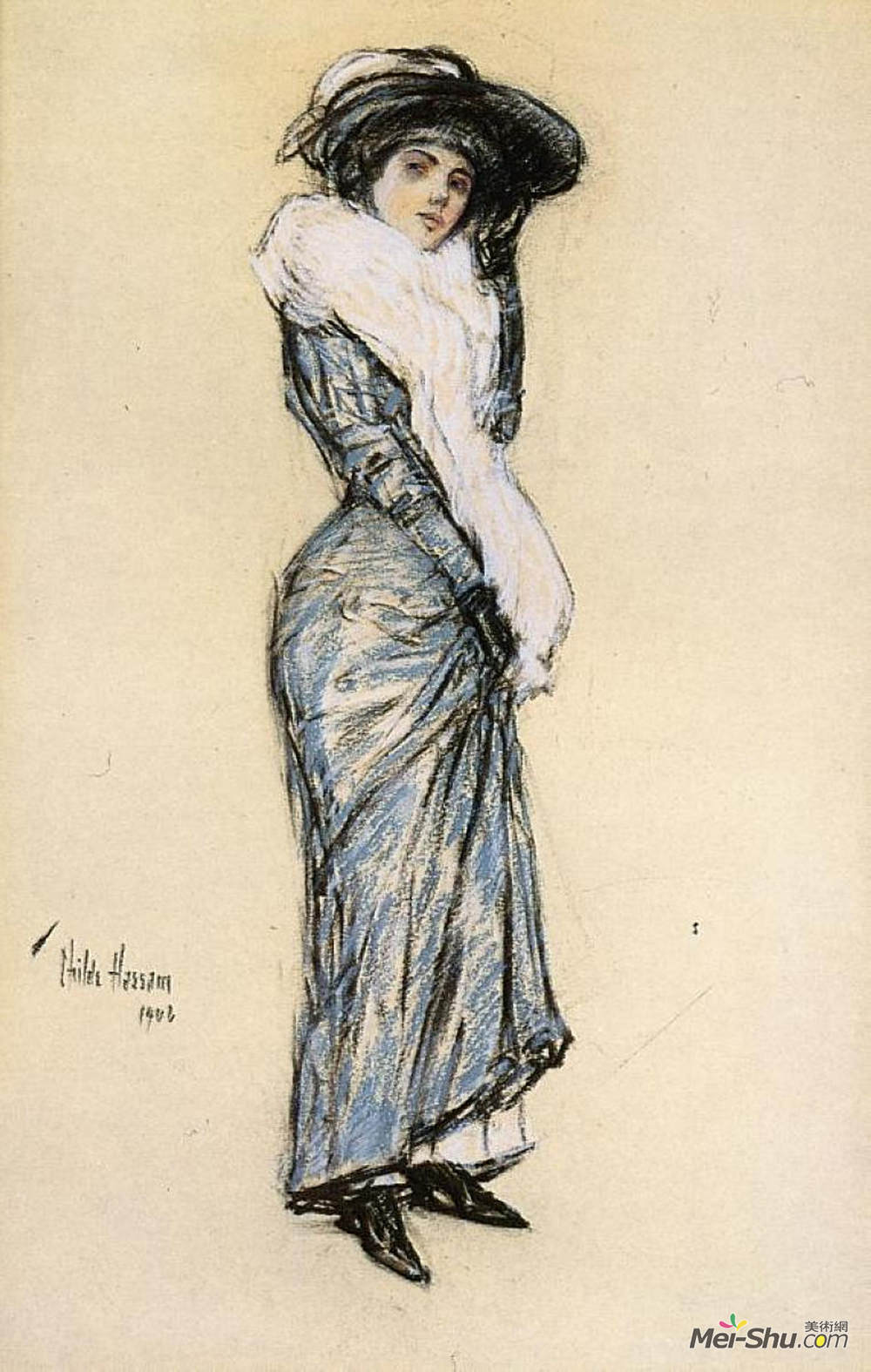 施尔德·哈森(Childe Hassam)高清作品《穿着蓝色衣服的女士肖像》