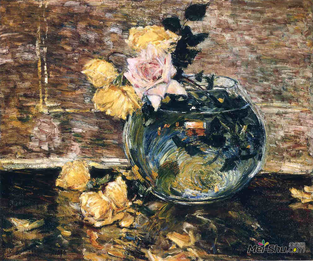 施尔德·哈森(Childe Hassam)高清作品《花瓶里的玫瑰》