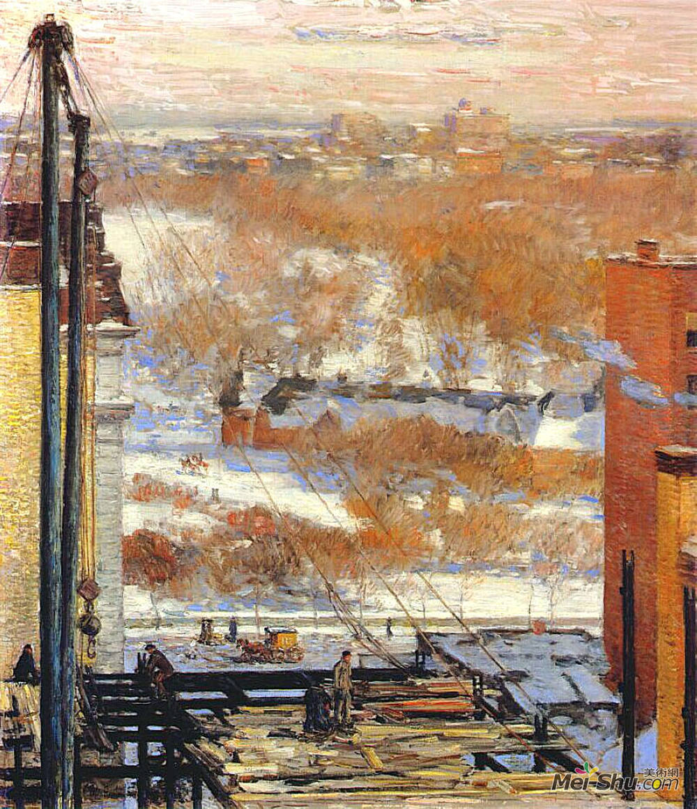 施尔德·哈森(Childe Hassam)高清作品《小屋和摩天大楼》