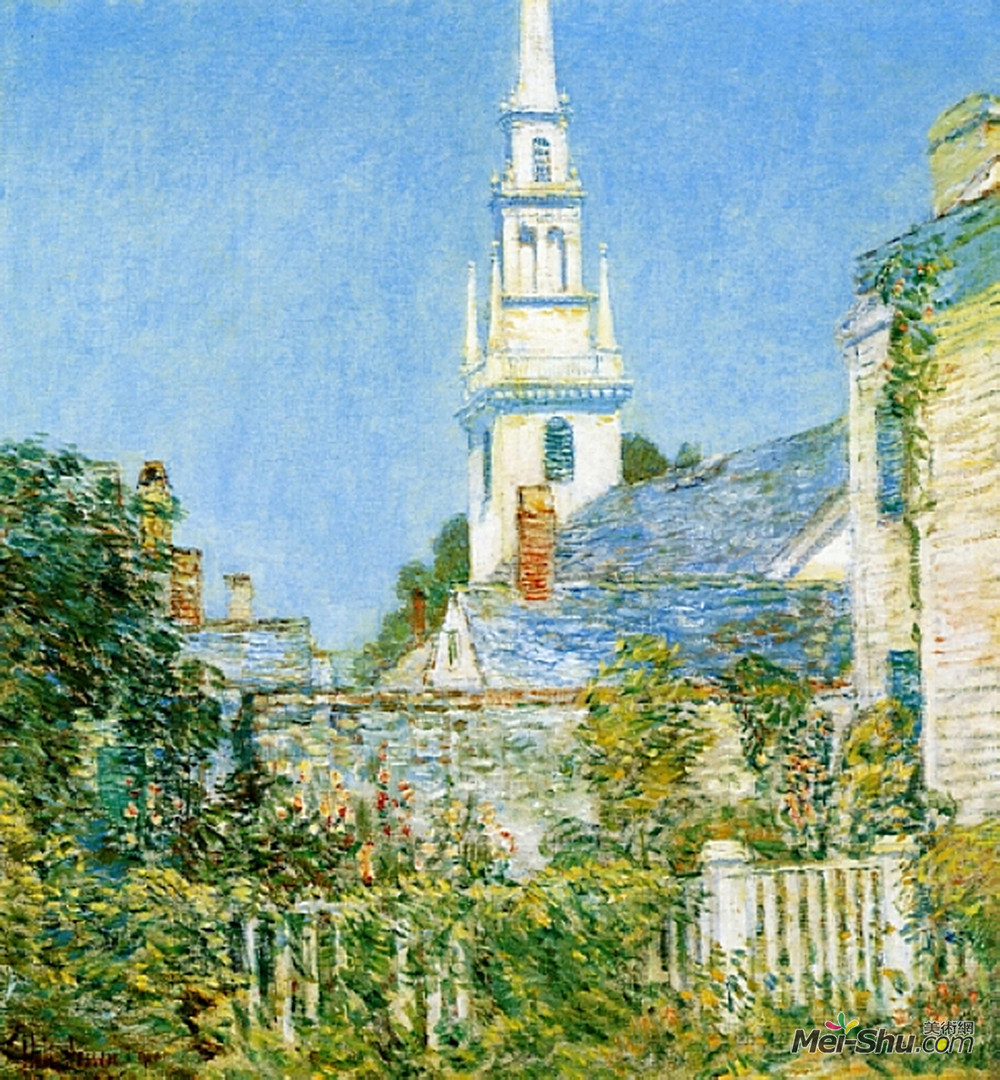 施尔德·哈森(Childe Hassam)高清作品《新港的白色教堂（新英格兰村的教堂）》