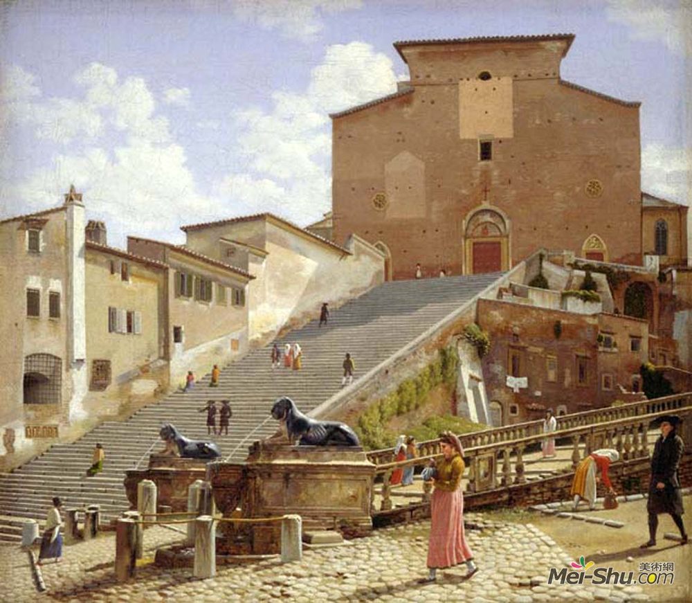 克里斯托弗·威廉·埃克斯贝尔(Christoffer Wilhelm Eckersberg)高清作品《The marble staircase which leads up to S. Maria in Aracoeli》