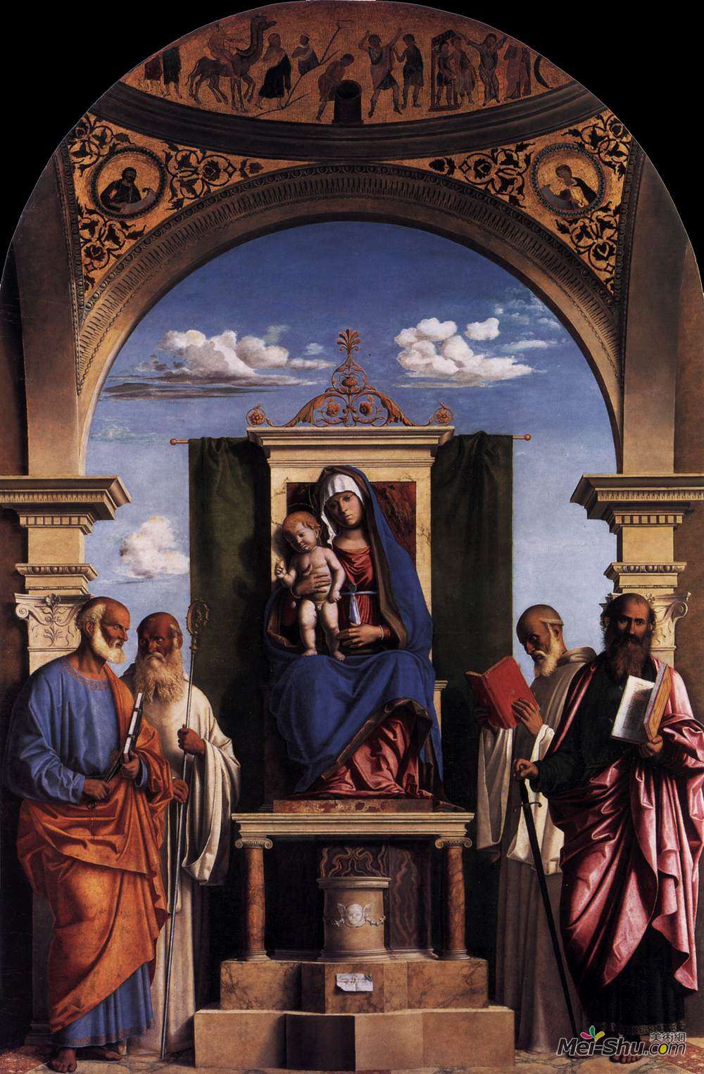 西玛·达·科内利亚诺(Cima da Conegliano)高清作品《麦当娜和儿童与圣徒一起登基》