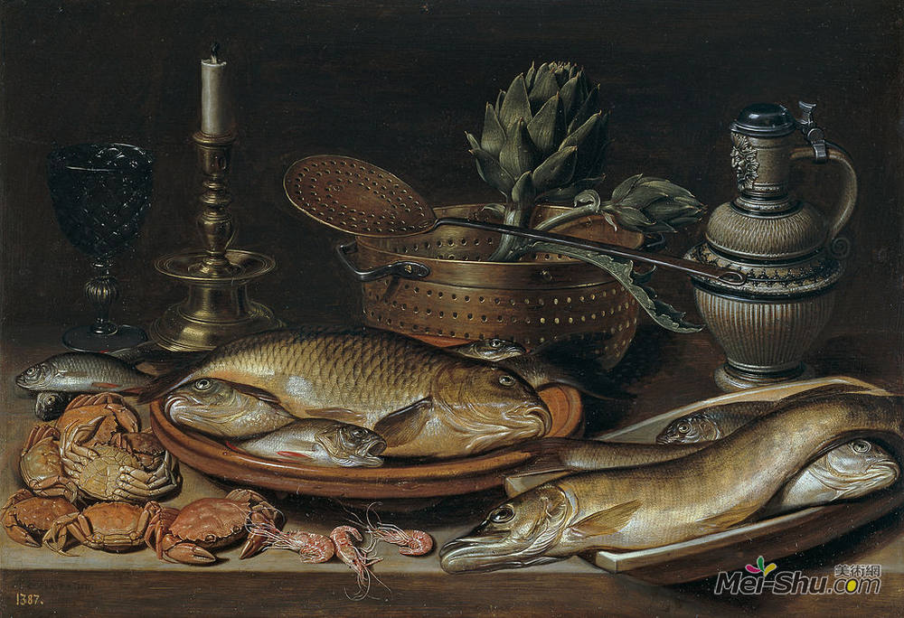 克莱拉·佩特斯(Clara Peeters)高清作品《鱼类、蜡烛、朝鲜蓟、蟹和虾的静物生活》
