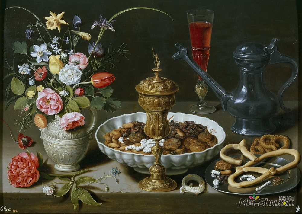 克莱拉·佩特斯(Clara Peeters)高清作品《静物与坚果，糖果和鲜花》