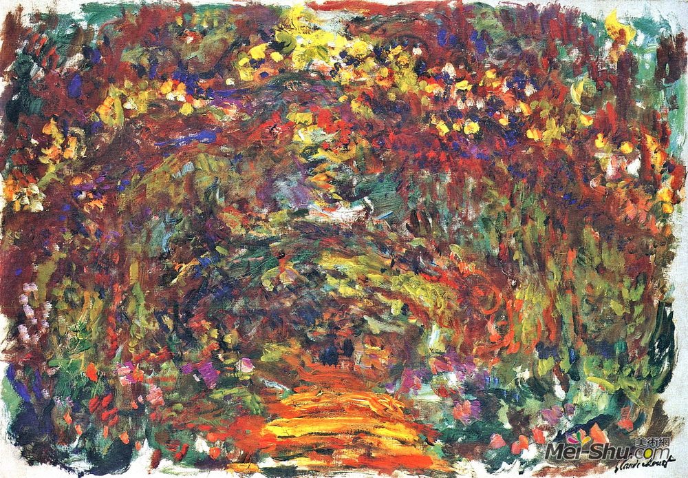 克劳德·莫奈(Claude Monet)高清作品《路径下的玫瑰棚架，吉维尼》