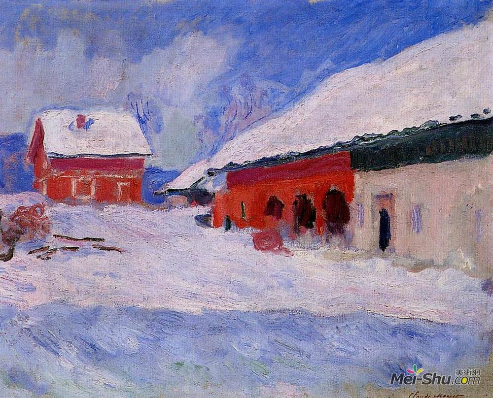 克劳德·莫奈(Claude Monet)高清作品《Red Houses at Bjornegaard in the Snow, Norway》