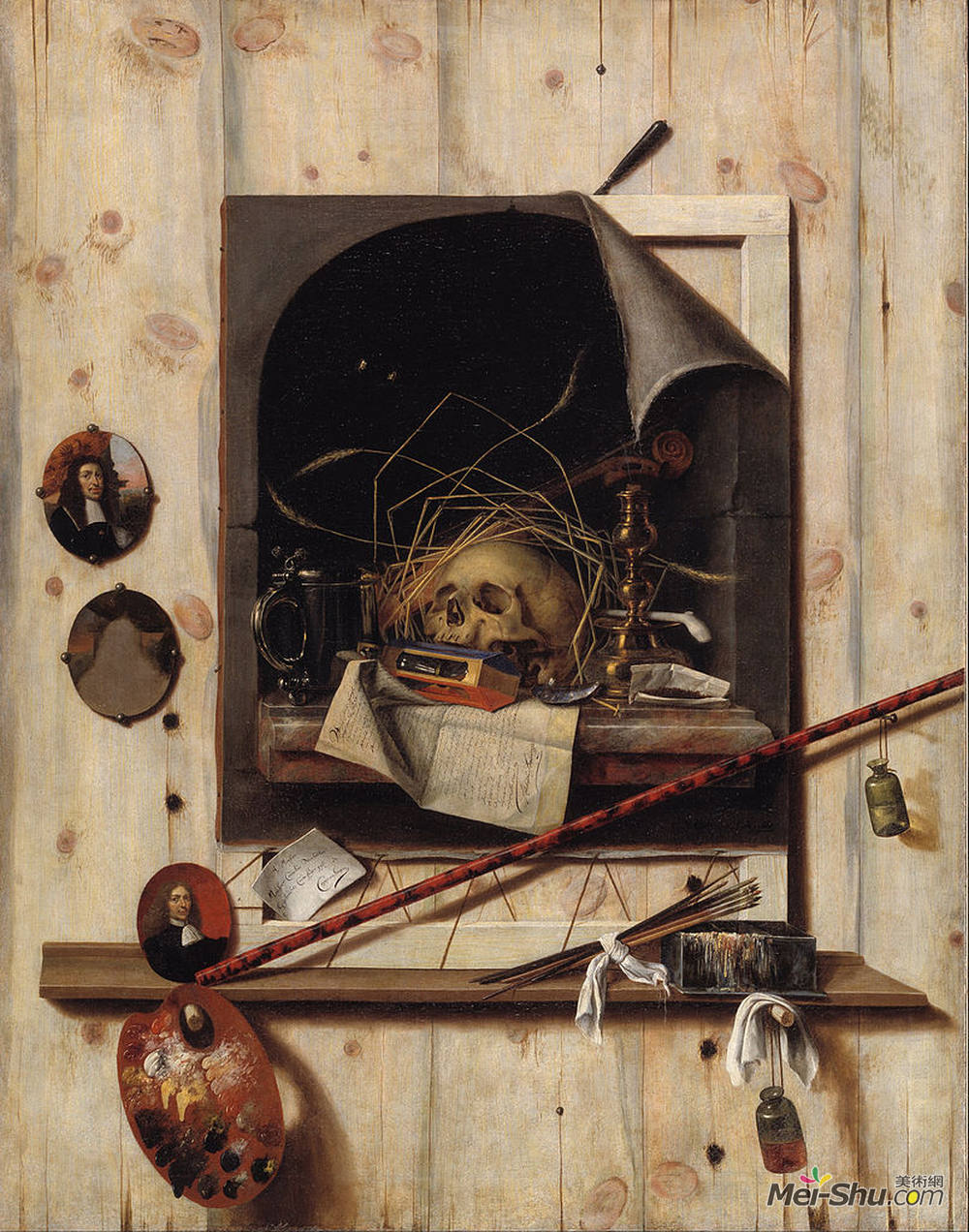 科内利斯·诺贝塔斯·吉斯布瑞兹(Cornelis Norbertus Gysbrechts)高清作品《Trompe l'oeil with Studio Wall and Vanitas Still Lif》
