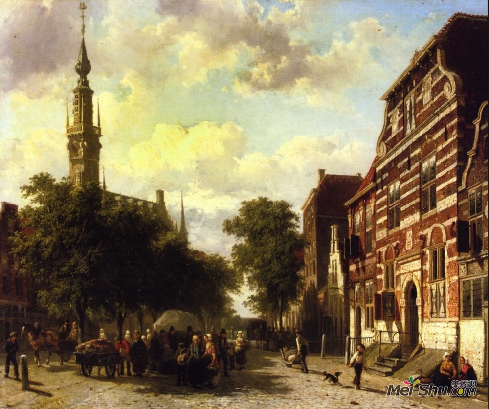 科内利斯·斯普林格(Cornelis Springer)高清作品《A Busy Market in Veere with the Clocktower of the Town Hall》