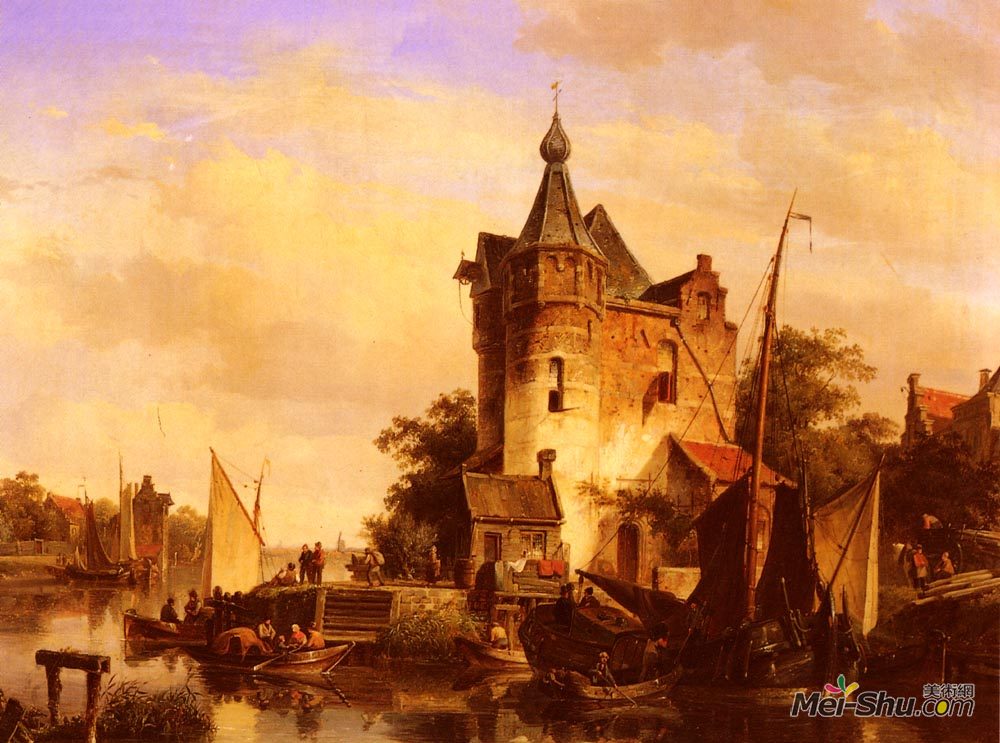 科内利斯·斯普林格(Cornelis Springer)高清作品《沿着运河》
