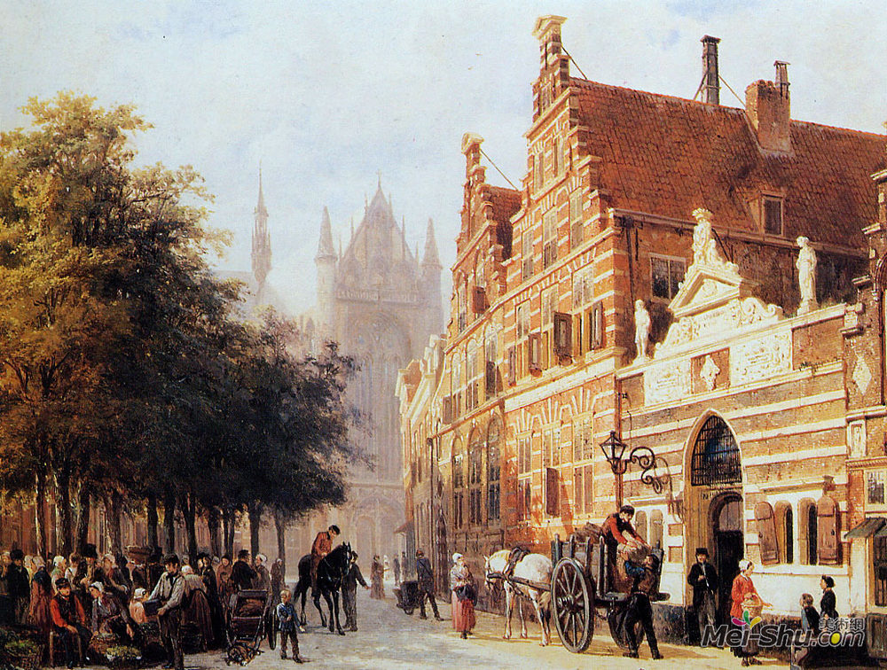 科内利斯·斯普林格(Cornelis Springer)高清作品《Kerkegracht en Weeshuis in Leiden》