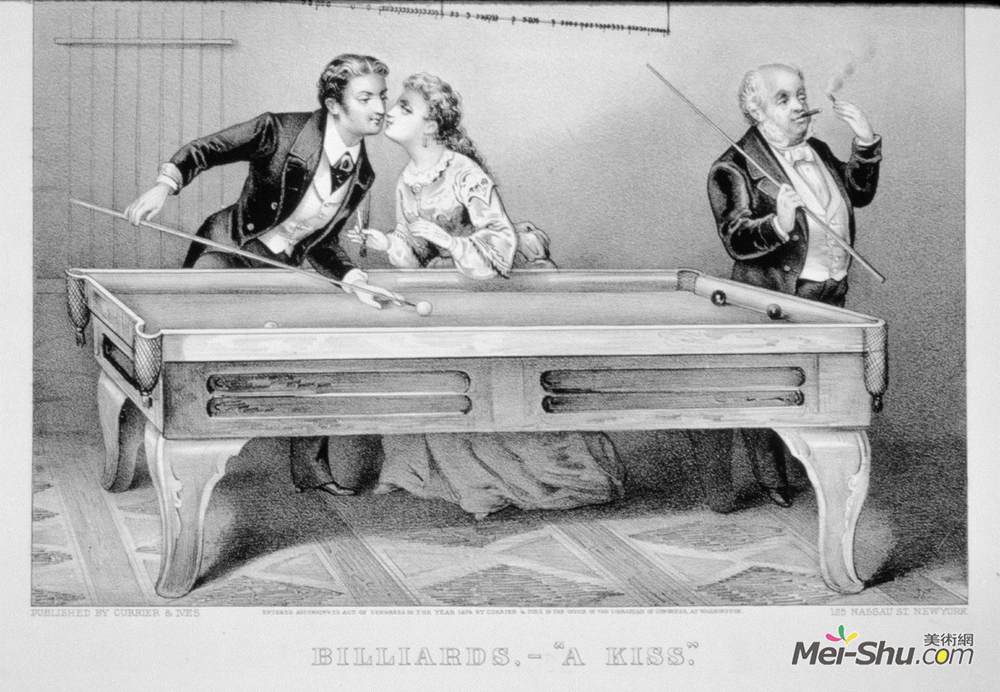 柯里尔与艾夫斯(Currier and Ives)高清作品《台球。一个吻》