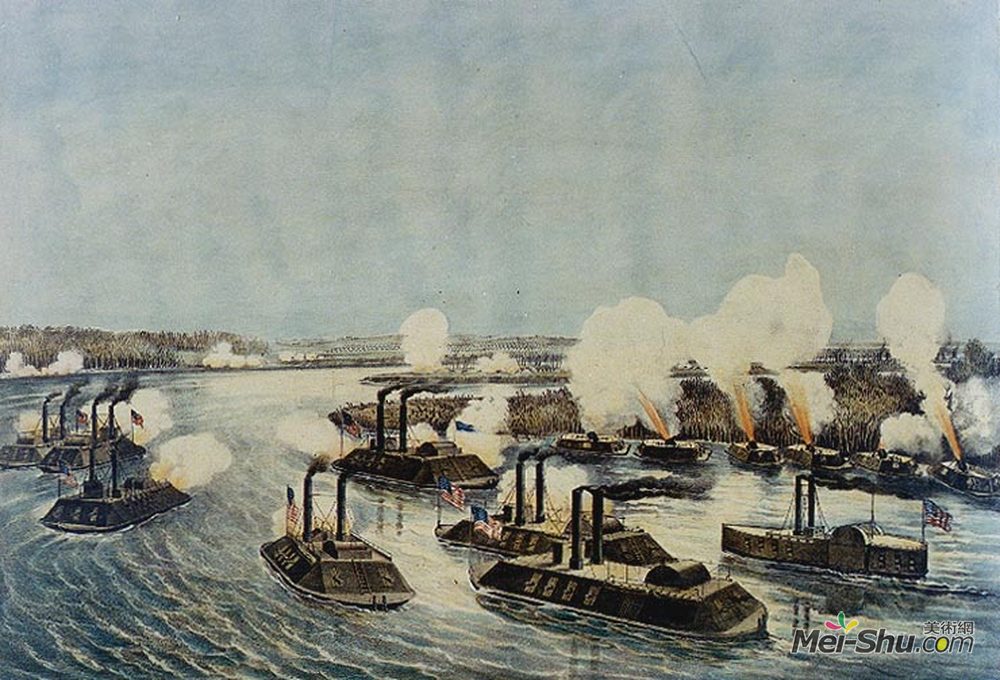 柯里尔与艾夫斯(Currier and Ives)高清作品《密西西比岛十号的轰击与俘获》