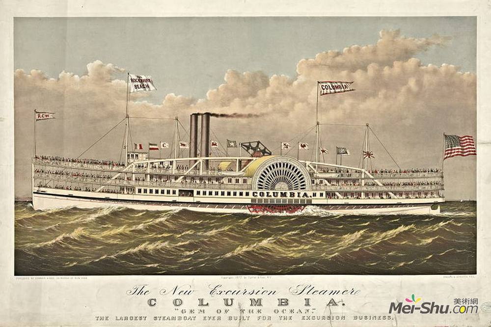 柯里尔与艾夫斯(Currier and Ives)高清作品《哥伦比亚市，纽约游览轮船，建成1877艘》