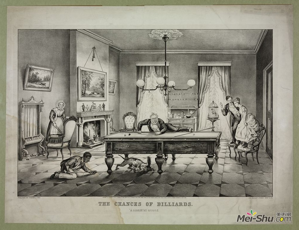柯里尔与艾夫斯(Currier and Ives)高清作品《台球的机会。到处刮痕》