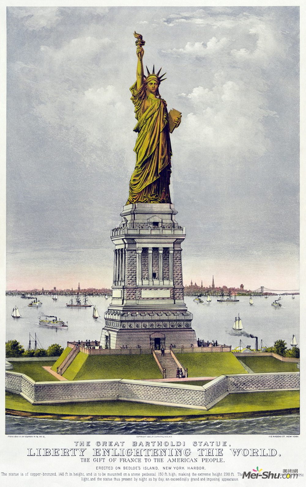 柯里尔与艾夫斯(Currier and Ives)高清作品《伟大的巴托尔迪雕像，自由启发世界。》