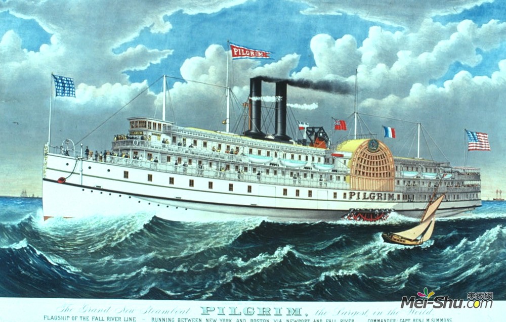柯里尔与艾夫斯(Currier and Ives)高清作品《汽船朝圣，“老”瀑布的一部分》