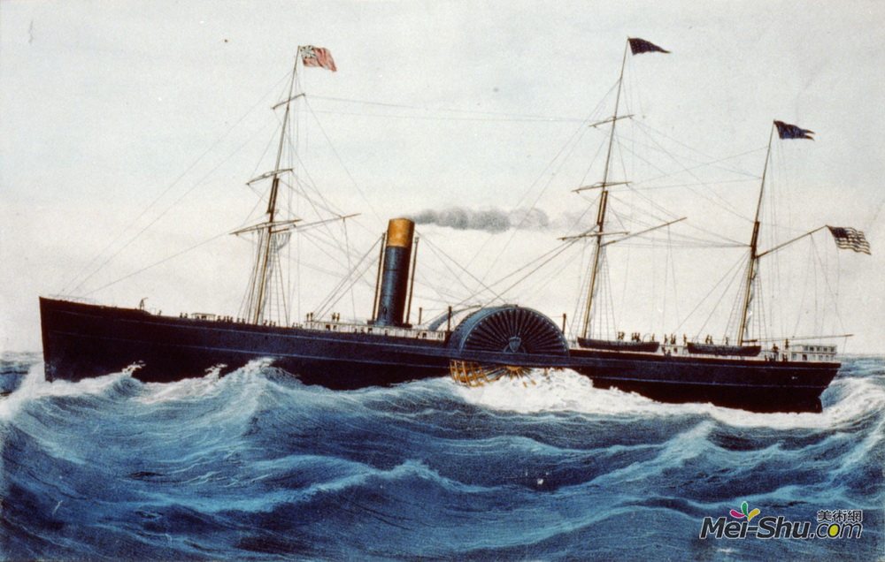 柯里尔与艾夫斯(Currier and Ives)高清作品《柯林斯李的美国邮轮轮船波罗的海（1850年推出）》