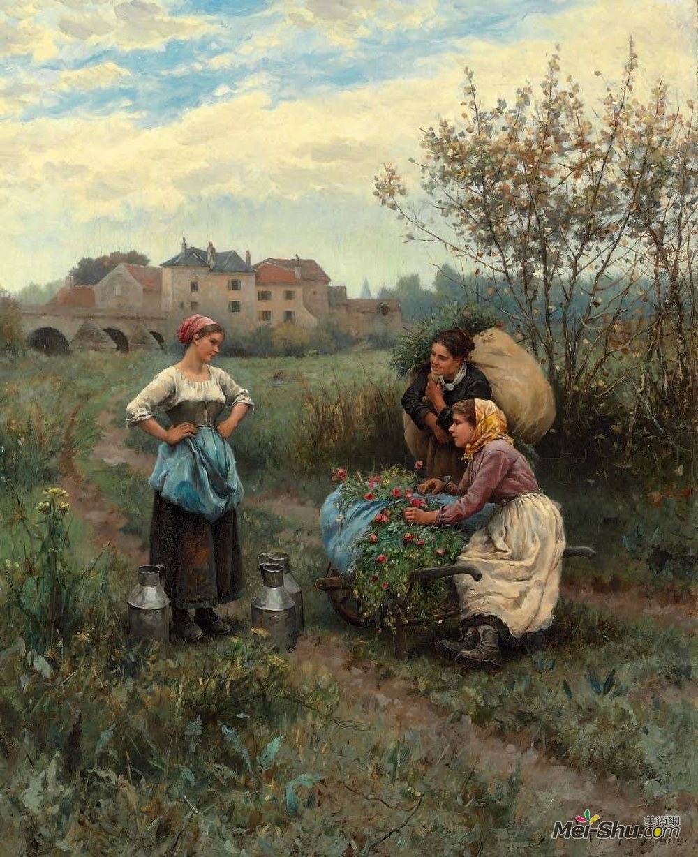 丹尼尔·李奇微·奈特(Daniel Ridgway Knight)高清作品《风景中的三个女人》