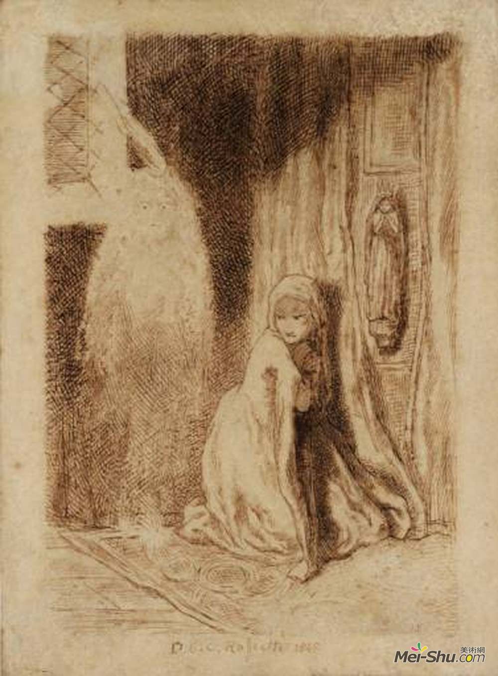 但丁·加布里埃尔·罗赛蒂(Dante Gabriel Rossetti)高清作品《浮士德。教堂里的玛格丽特》