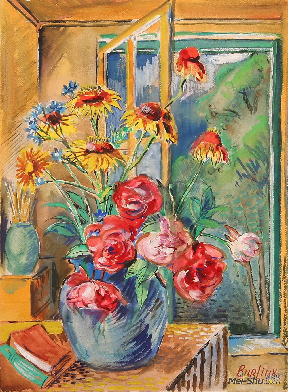 戴维·伯克(David Burliuk)高清作品《红花黄色花瓶》