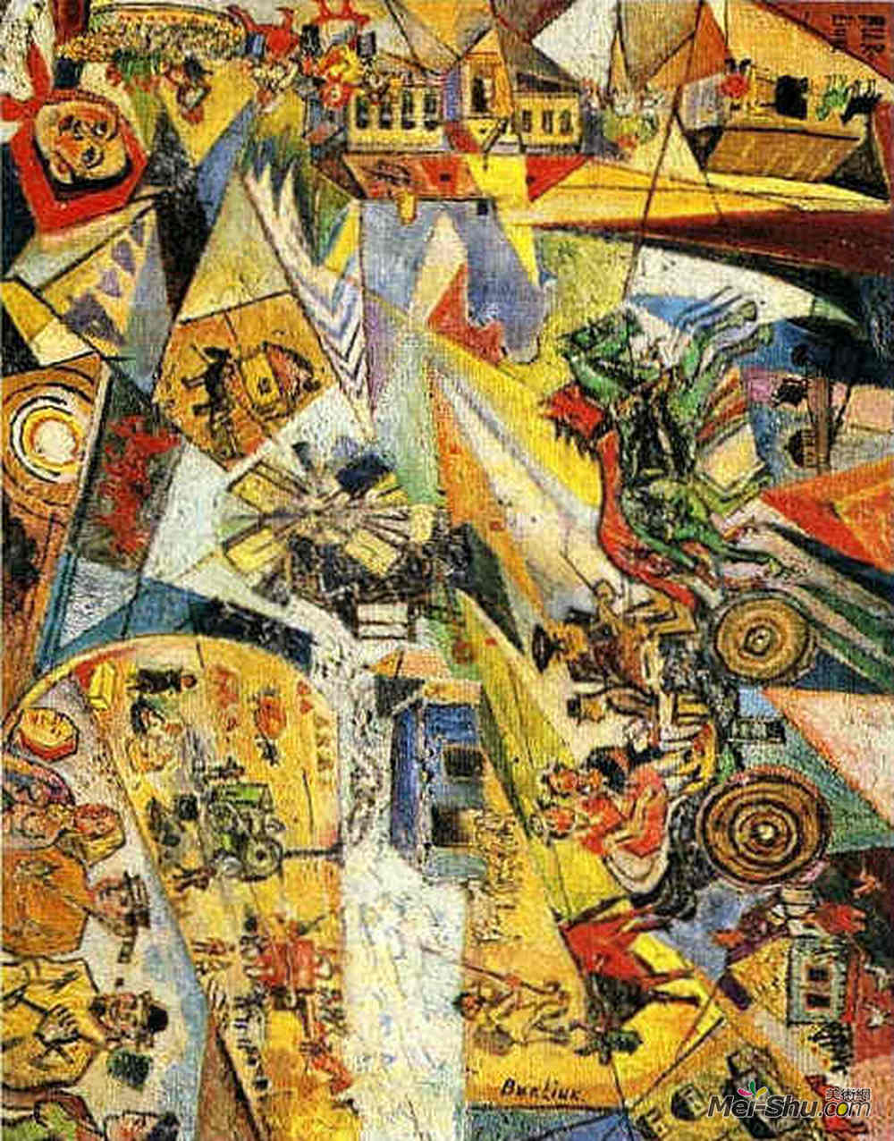 戴维·伯克(David Burliuk)高清作品《有马车和磨坊的风景（四的风景）》