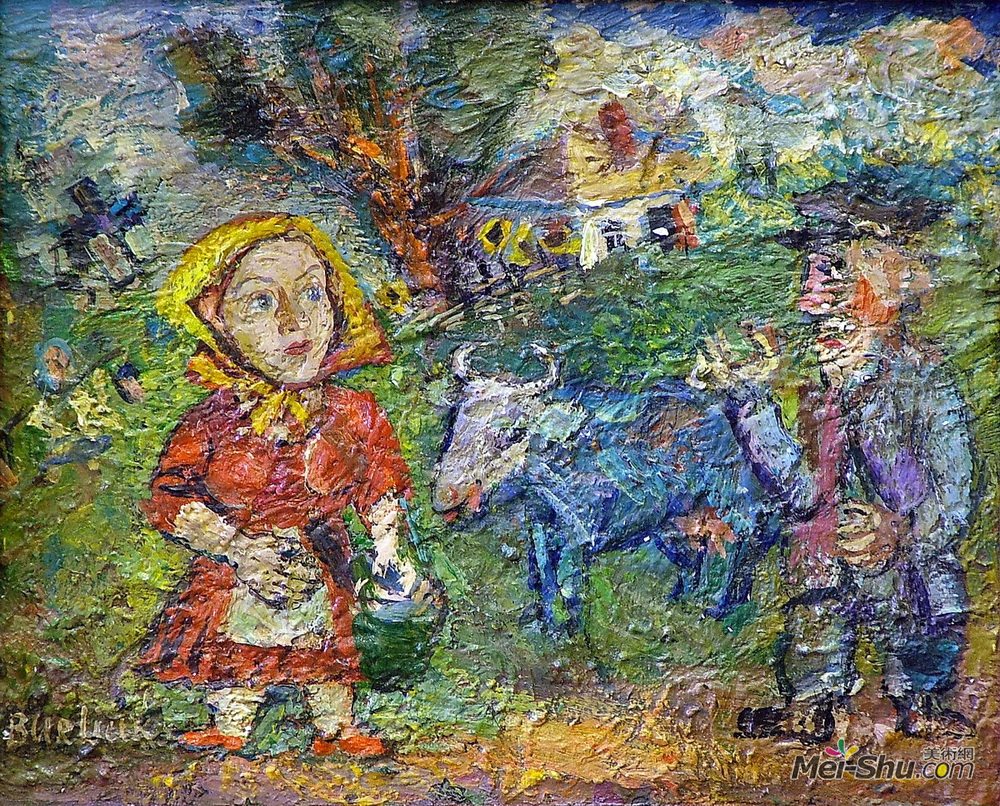 戴维·伯克(David Burliuk)高清作品《一对有牛和鹅的农民夫妇》