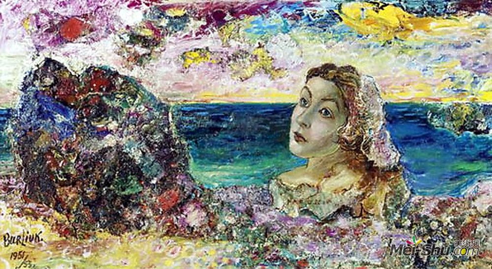 戴维·伯克(David Burliuk)高清作品《Surrealistic portrait of Marusia by the sea》