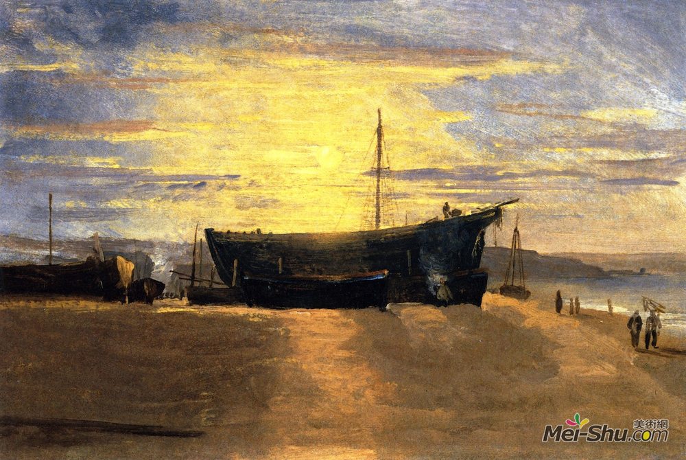 戴维·考克斯(David Cox)高清作品《夕阳，黑斯廷斯。滩涂渔船》