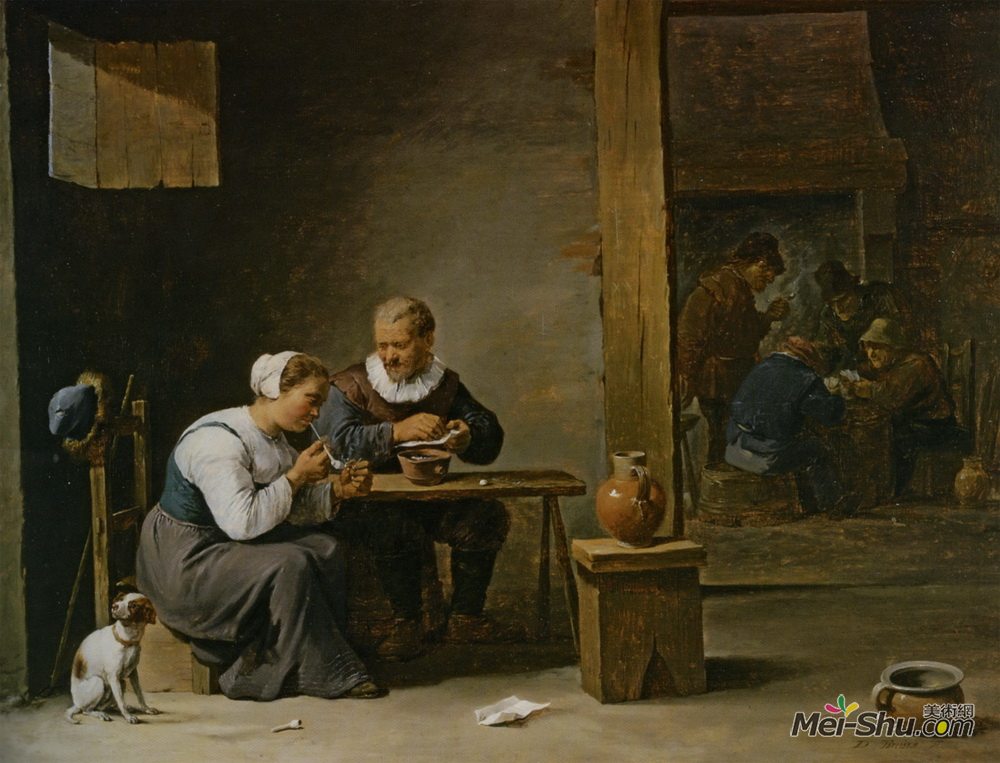 戴维·特尼耶(David Teniers the Younger)高清作品《一个男人和一个女人在室内抽烟斗》