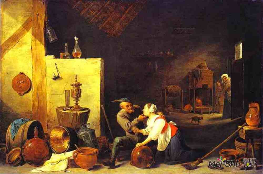 戴维·特尼耶(David Teniers the Younger)高清作品《一个老农民在一个马厩里招待一个厨房女仆。》