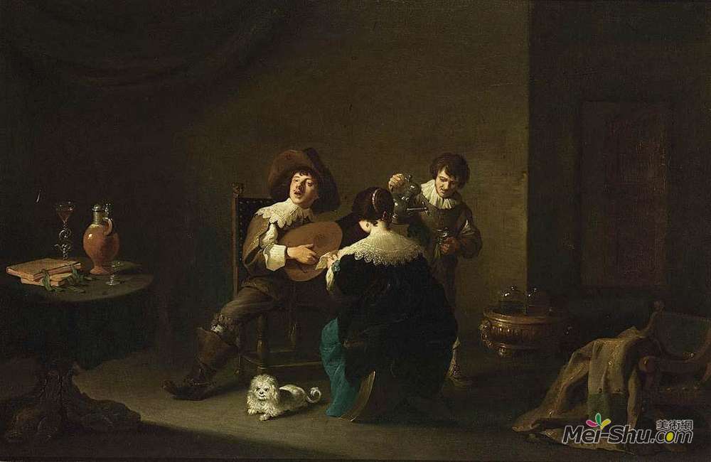 戴维·特尼耶(David Teniers the Younger)高清作品《里面有一位绅士演奏琵琶和一位女士歌唱》