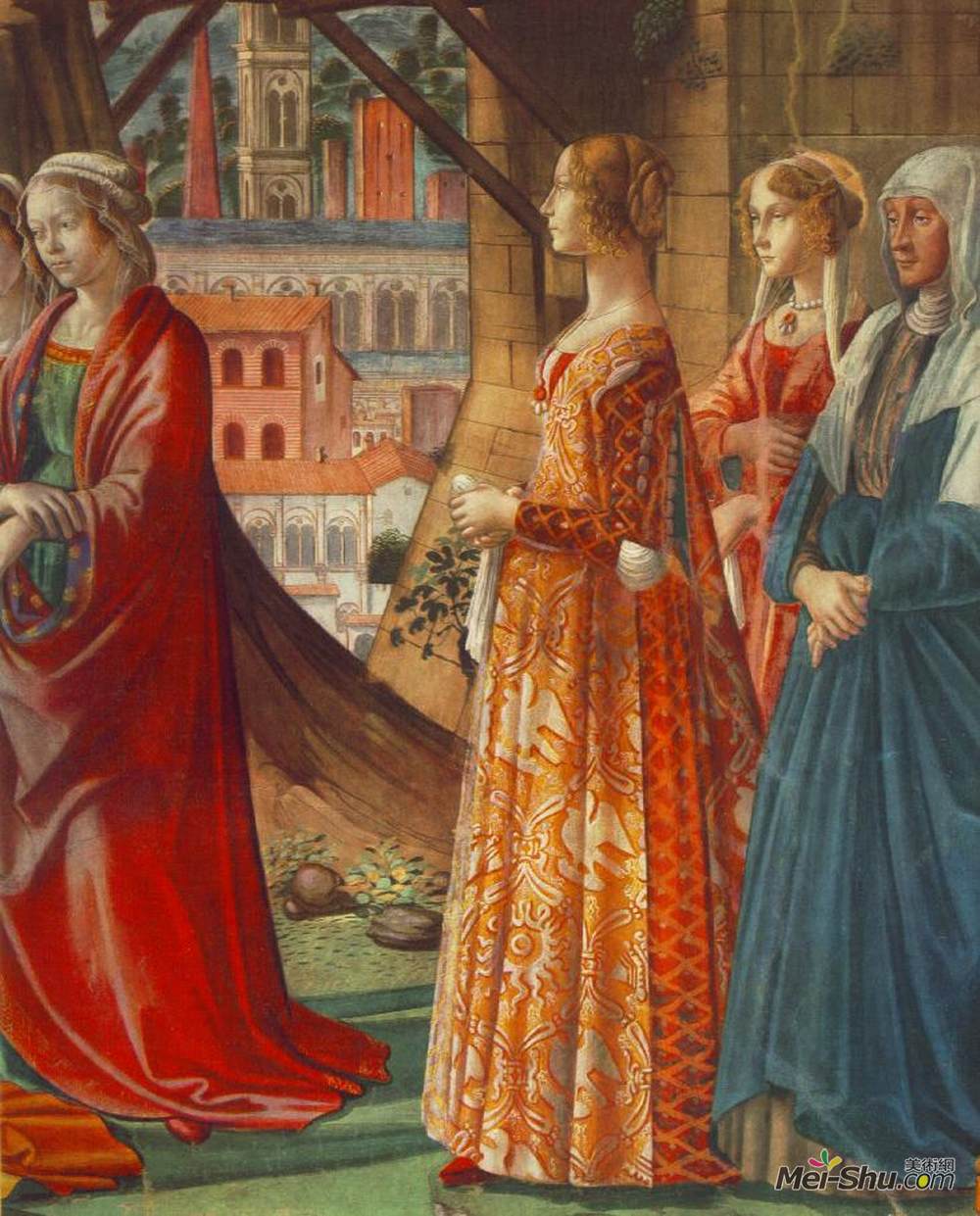 多梅尼科·基兰达约(Domenico Ghirlandaio)高清作品《Giovanna Tornabuoni and Her Accompaniment》