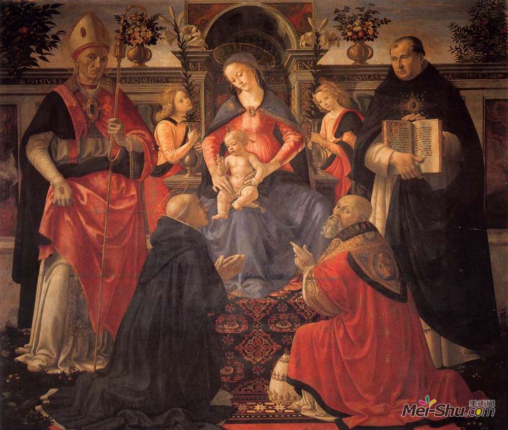 多梅尼科·基兰达约(Domenico Ghirlandaio)高清作品《Madonna and Child enthroned with St. Dionysius, Aeropagita,》