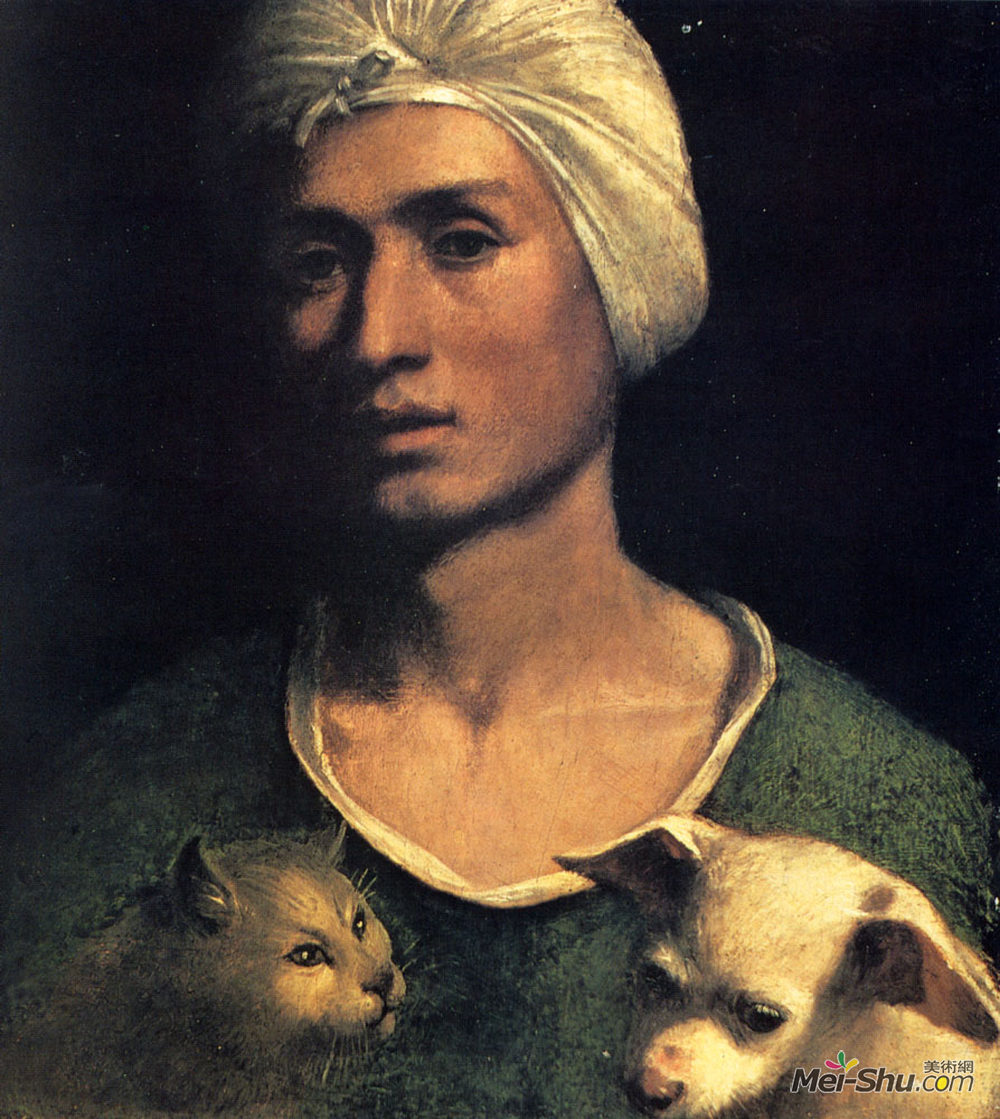 多索·多西(Dosso Dossi)高清作品《一个带狗和猫的年轻人的肖像》