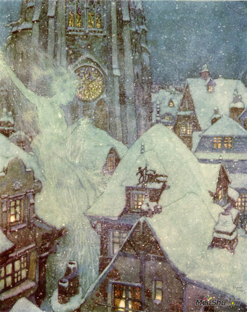 埃德蒙·杜拉克(Edmund Dulac)高清作品《雪女王飞过冬夜》