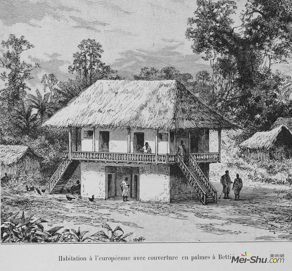 爱德华·里欧(Edouard Riou)高清作品《Residence with Palm Frond Roof in Betti&é, in C&》