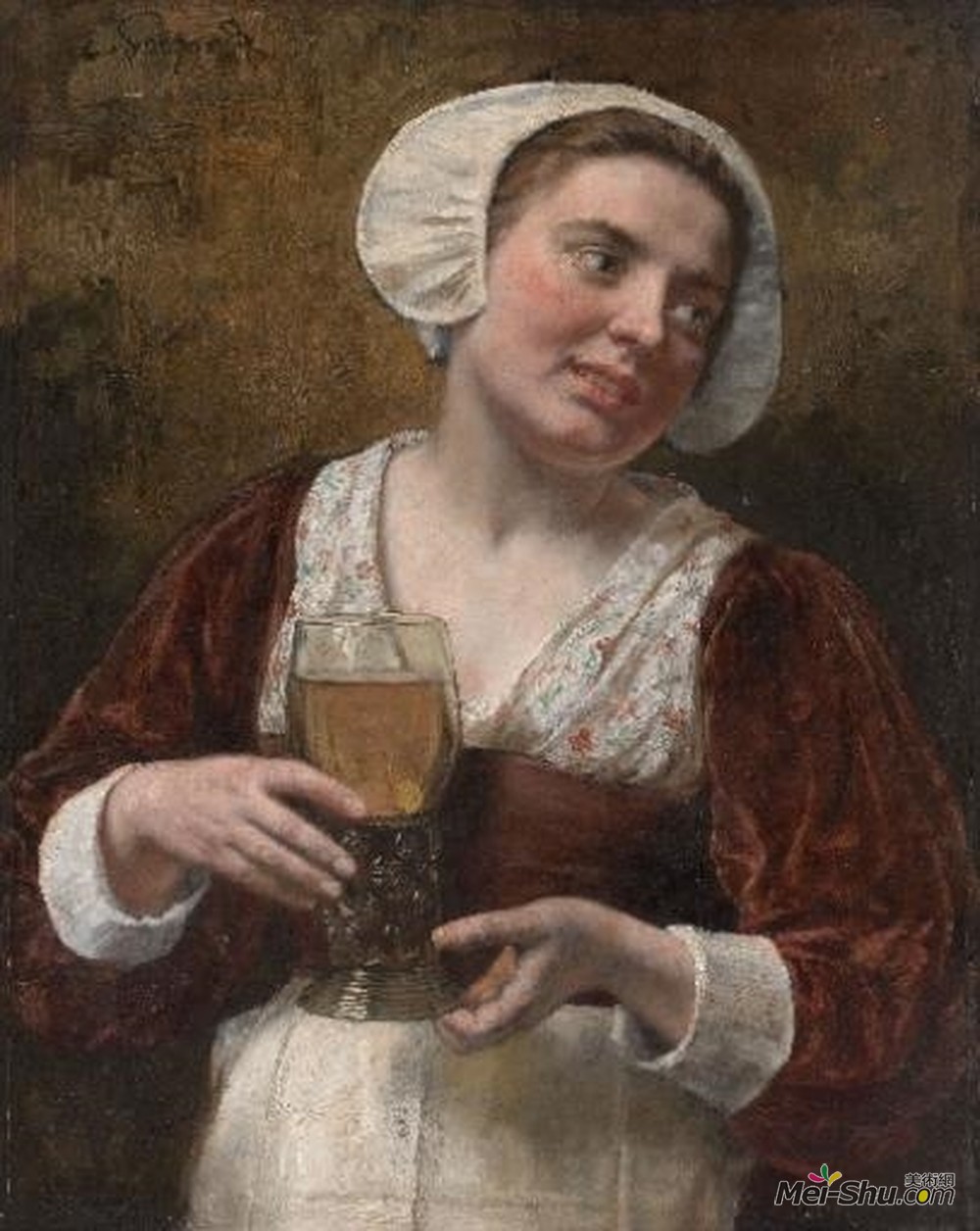 爱德华·冯·格布哈特(Eduard von Gebhardt)高清作品《一个带着酒杯的年轻女子》